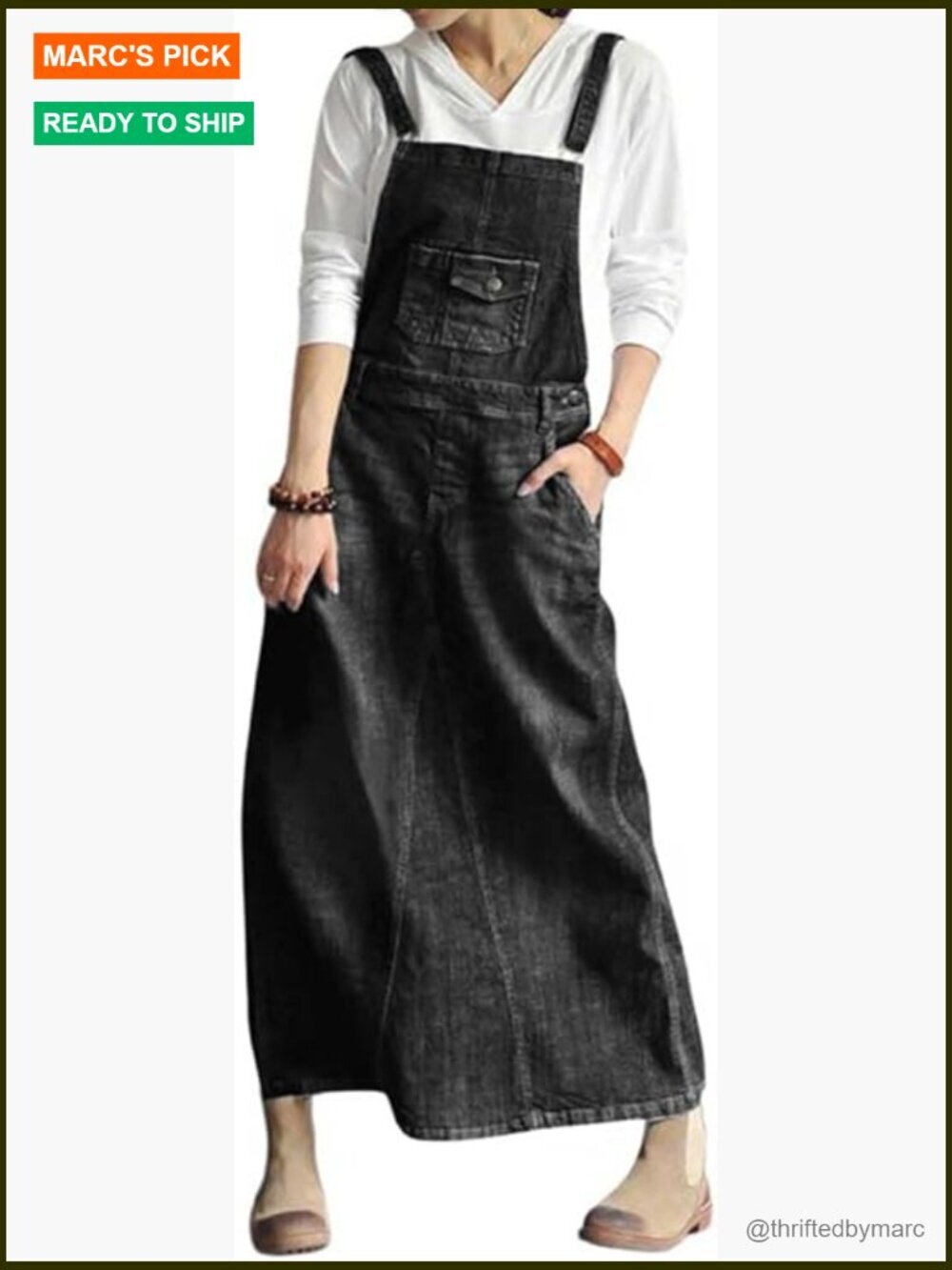 Vintage Adjustable Strap Denim Overall Dress A-Line Pinafore Jean Dress Midi